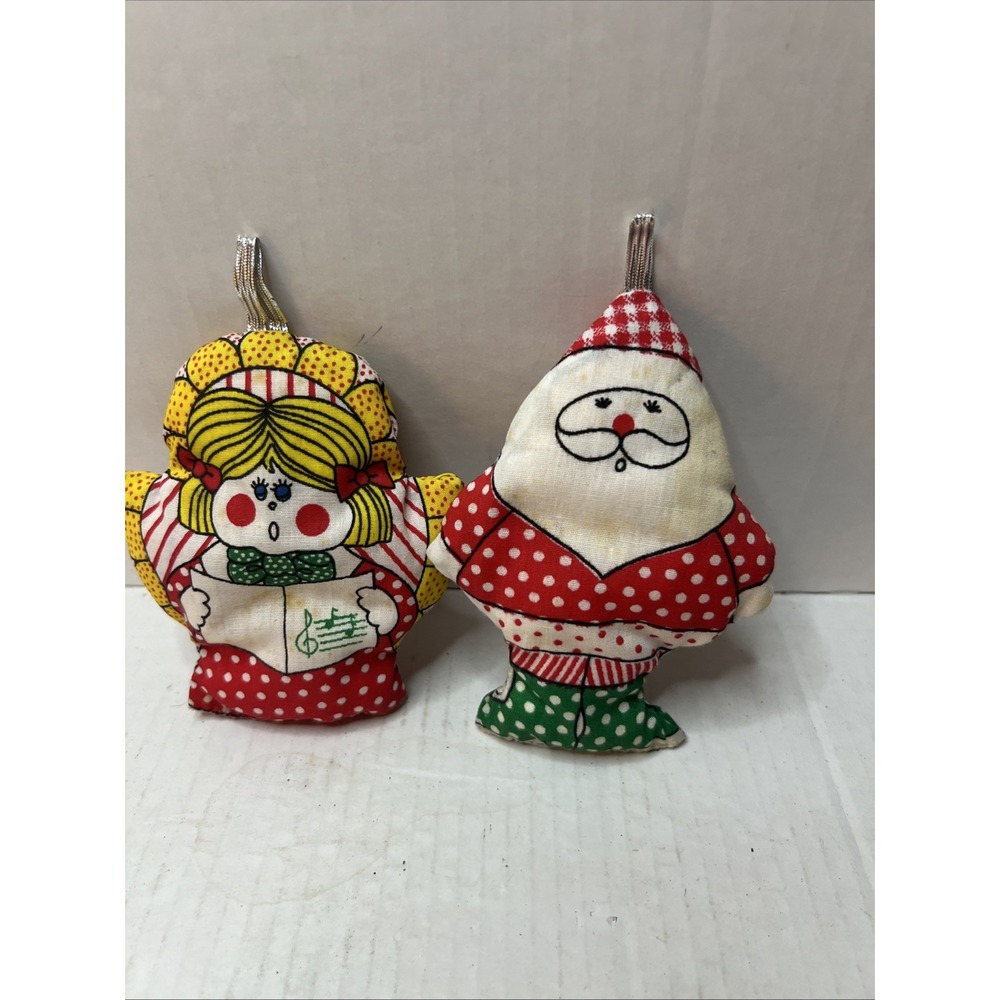 2 VTG HANDMADE HANGING FABRIC STUFFED PLUSH CHRISTMAS TREE ORNAMENTS